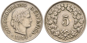 Швейцария 5 раппенов 1944 В KM 26 медно-никель 4594-614