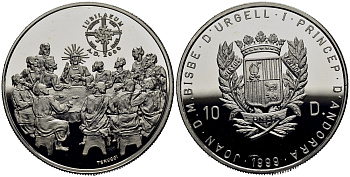Андорра 10 динеров 1999 серия миллениум, тайная вечеря KM 161 серебро PROOF 11-153-24