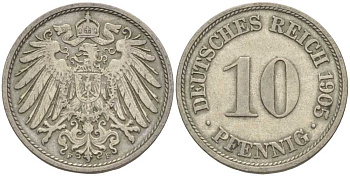 Германия 10 пфеннигов 1905 F KM 12, J. 13 медно-никель 34-652