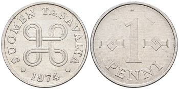 Финляндия 1 пенни 1974 KM 44а алюминий 96-167