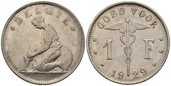 Бельгия 1 франк 1929 Belgie KM 90 никель 34-1022