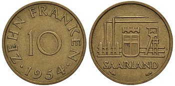 Саарланд 10 франков 1954 индустрия KM 1 алюминиевая бронза 00-00