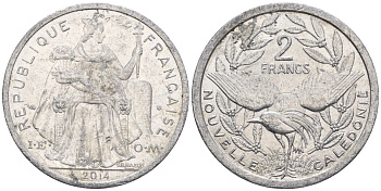 Французская Новая Каледония 2 франка 2014 птица кагу, (IEOM) KM 14, Schoen 11 алюминий    29-745