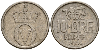 Норвегия 10 эре 1966 Улаф V (1958 - 1991) KM 411 медно-никель 4154-766