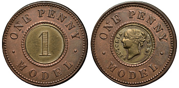 Великобритания 1 пенни ND (1844) модель монеты Виктории в 1 пенни, Джозеф Мур биметалл 1524-622