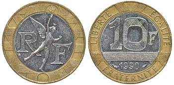 Франция 10 франков 1990 тип Гений Бастилии KM 964.1, Le Frank 375.5 биметалл 45-811