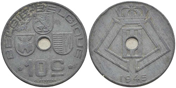 БЕЛЬГИЯ 10 САНТИМОВ 1945 BELGIE-BELGIQUE, ГЕРМАНСКАЯ ОККУПАЦИЯ, ВТОРАЯ МИРОВАЯ ВОЙНА, ЛЕОПОЛЬД III (1934-1950) KM 126 цинк 119-337