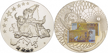 НИДЕРЛАНДЫ МЕДАЛЬ 2002 ПОХИЩЕНИЕ ЕВРОПЫ, КУПЮРА 200 ЕВРО ЕВРОПРОБА, СЕРЕБРЕНИЕ, ЦВЕТНАЯ ЭМАЛЬ, ДИАМЕТР 50 ММ. ВЕС 54 ГР. медно-никель PROOF 01-232-22