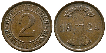 ГЕРМАНИЯ 2 РЕНТЕНПФЕННИГА 1924 A KM 31, J.307 бронза 86-1245
