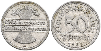 Германия 50 пфеннигов 1921 A KM 27, J. 301 алюминий 60-1122