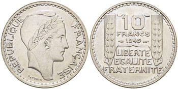 Франция 10 франков 1949 тип Пьер Турин KM 909.1, LE FRANC 362.6 медно-никель 4519-844