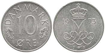 ДАНИЯ 10 ЭРЕ 1973 S; B, МАРГРЕТЕ II (1972-) KM 860.1 медно-никель 100-1147