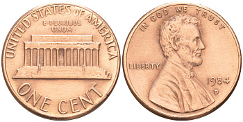 США 1 ЦЕНТ 1984 D, ЛИНКОЛЬН KM 201b цинк плакированный медью 188-326