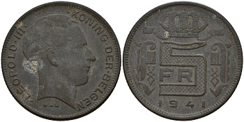Бельгия 5 франков 1941 DES BELGEN, Леопольд III (1934-1947) KM 129 цинк 4161-922