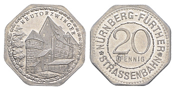 Нюрнберг трамвайный (транспортный) жетон в 20 пфеннигов ND (1920-1921) Новые ворота Men05 19256.26, Men18 24102.26 алюминий UNC 4638-314