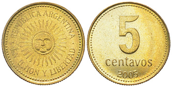 Аргентина 5 сентаво 2005 майское солнце KM?109, CJ?2, Schon?109 алюминиевая бронза aUNC 4611-556