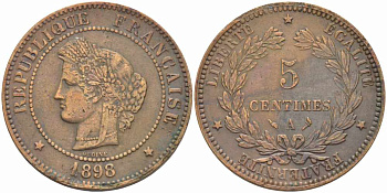 ФРАНЦИЯ 5 САНТИМОВ 1898 A, ТРЕТЬЯ РЕСПУБЛИКА (1871-1940) KM 821.1, LE FRANC 118.42 бронза 108-756