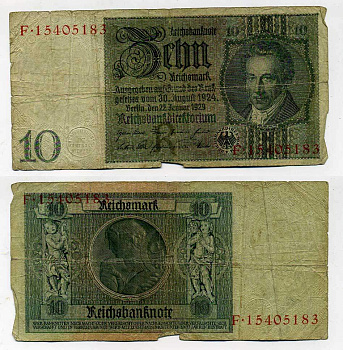 Германия 10 рейхсмарок 1929 Альбрехт Д. Тэер, буква R, серия F Pick 180a, Ros. 173е  бумага 6287-50-2-2