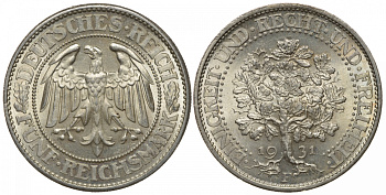 Германия 5 марок 1931 F, Дуб. Единство, справедливость, свобода, цена по каталогу МТ 500 евро J. 331, KM 56 серебро UNC 00-804-10