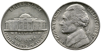 США 5 ЦЕНТОВ 1980 P, ДЖЕФЕРСОН KM А192 медно-никель 76-1012