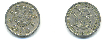 ПОРТУГАЛИЯ 2,5 ЭСКУДО 1974 ПАРУСНИК KM 590 медно-никель 3999-832