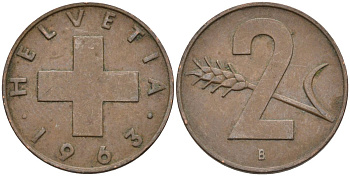 Швейцария 2 раппена 1963 В KM 47 бронза 4586-115
