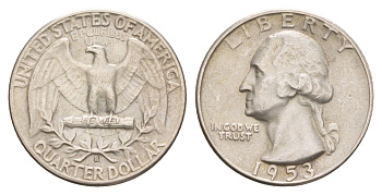 США 25 центов = квотер 1953 S, Джордж Вашингтон KM 164 серебро 4654-1012