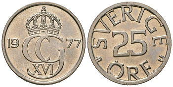 Швеция 25 эре 1977 U, Карл XVI Густав (1973- ) KM 851 медно-никель UNC 4621-333