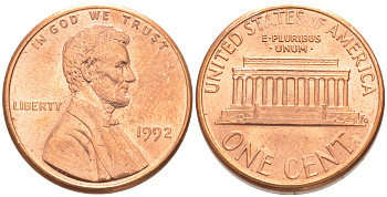 США 1 ЦЕНТ 1992 ЛИНКОЛЬН KM 201b цинк плакированный медью UNC 187-664