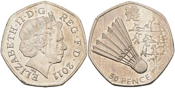 Великобритания 50 пенсов 2011 XXX летние Олимпийские игры в Лондоне, бадминтон KM 1174, Spink LO4 медно-никель 00-00