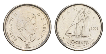 Канада 10 центов 2008 Leaf, Елизавета II (1952-2022), парусник KM 492 сталь плакированная никелем UNC 4630-862