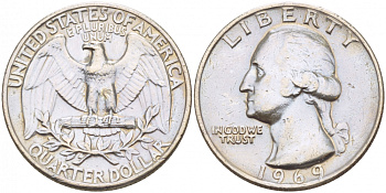 США 25 центов (квотер) 1969 Вашингтон KM 164а медь плакированная медно-никелем 4546-1251