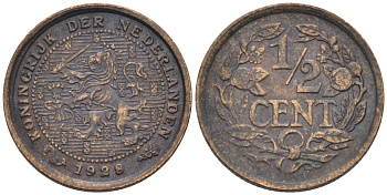 Нидерланды 1/2 цента 1928 Вильгельмина (1890-1948) KM 138 бронза 4576-444