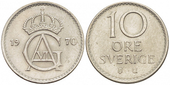 Швеция 10 эре 1970 U Густав VI Адольф (1950-1973) KM 835 медно-никель 3996-1028