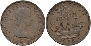 Великобритания 1/2 пенни 1958 Елизавета II (1952-2022) KM 896, Spink 4158 бронза 4146-255