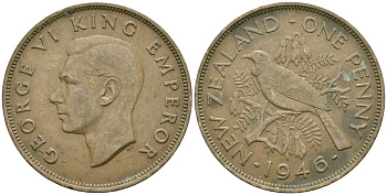 Новая Зеландия 1 пенни 1946 Георг VI (1936-1952), новозеландский туи KM 13 бронза 32-244