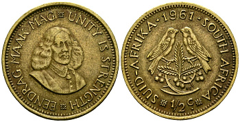 ЮАР 1/2 цента 1961 Ян ван Рибек (1619-1677), голландский исследователь, мореплаватель, основатель г. Кейптаун, две птички на ветке с ягодами KM 56 латунь 4135-1122