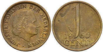 Нидерланды 1 цент 1960 Юлиана (1949-1980) KM 180 бронза    4598-217
