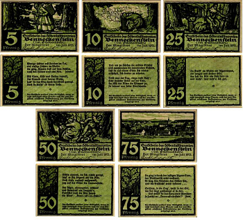 БЕННЕКЕНШТАЙН, ГЕРМАНИЯ НАБОР ИЗ 5 БАНКНОТ 1921 НОТГЕЛЬД, 1 ИЮЛЯ 1921 ARNOLD KELLER 73.1 бумага UNC (ПРЕСС) 7487-55-3