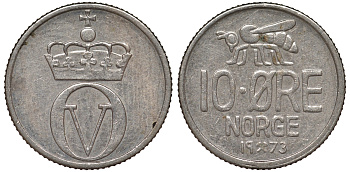 Норвегия 10 эре 1973 пчела, Улаф V (1958-1991) KM 411 медно-никель 62-1243
