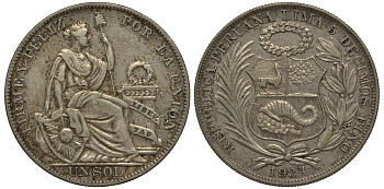 Перу 1 соль 1934 KM 218.2 серебро 272-641