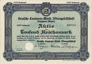 Германия 1000 рейхсмарок 1942 АО Немецкий линолеум-Верке, Битигхайм, акция   бумага  8804-119-1