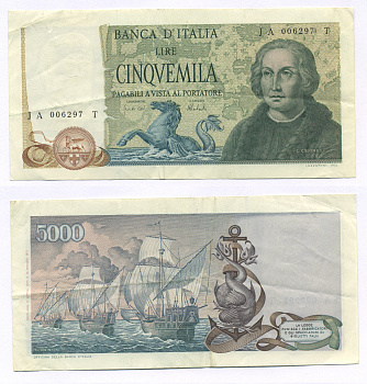 Италия 5000 лир 1971 Кристофор Колумб Pick 102b бумага 7146-22-3-2