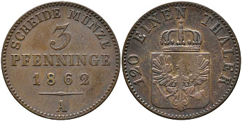 ПРУССИЯ 3 ПФЕННИГА 1862 А, ВИЛЬГЕЛЬМ I (1861-1888) KM 482 медь 4448-1126