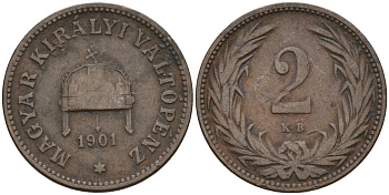 Венгрия 2 филлера 1901 KB, Франц Иосиф I (1848-1916) KM 481 бронза 4151-939