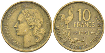 Франция 10 франков 1951 B, петух KM 915.2, Le Franc 363.5 алюминиевая бронза 175-635