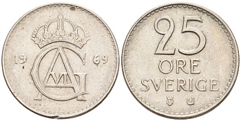 Швеция 25 эре 1969 U, Густав VI Адольф (1950-1973) KM 836 медно-никель 73-1547