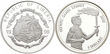 Либерия 5 долларов 1999 XXVII летние Олимпийские игры 2000 года в Сиднее, олимпийский огонь серебро PROOF 02-069-51