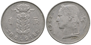 БЕЛЬГИЯ 1 ФРАНК 1962 BELGIE KM 143.1 медно-никель 4382-1136