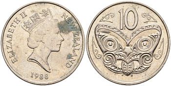 Новая Зеландия 10 центов 1988 Елизавета II (1952-2022), маска маори KM 61 медно-никель 4126-1234